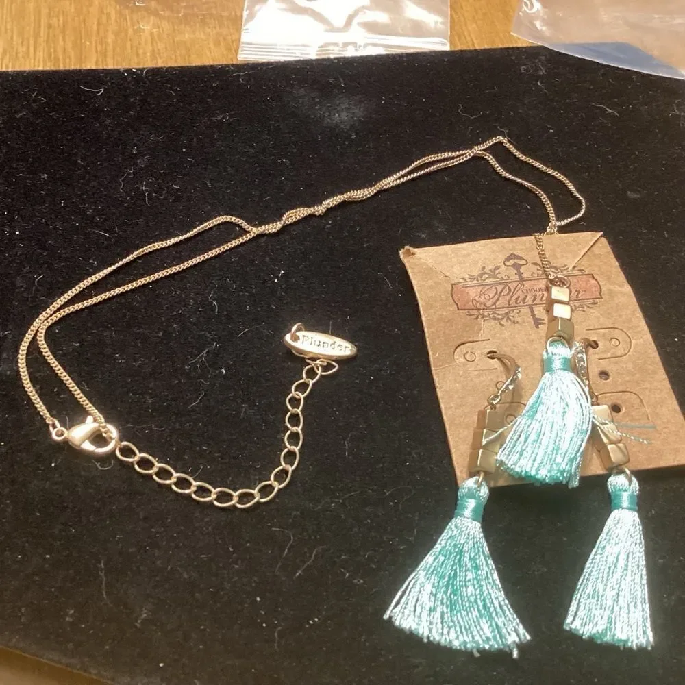 Bright Goldtone Bird’s Nest Blue Tassle Earrings and Pendant Necklace Set